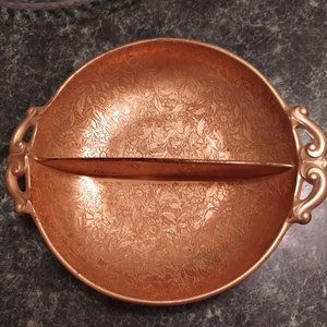 Gold clad candy dish, 2 sections, glass